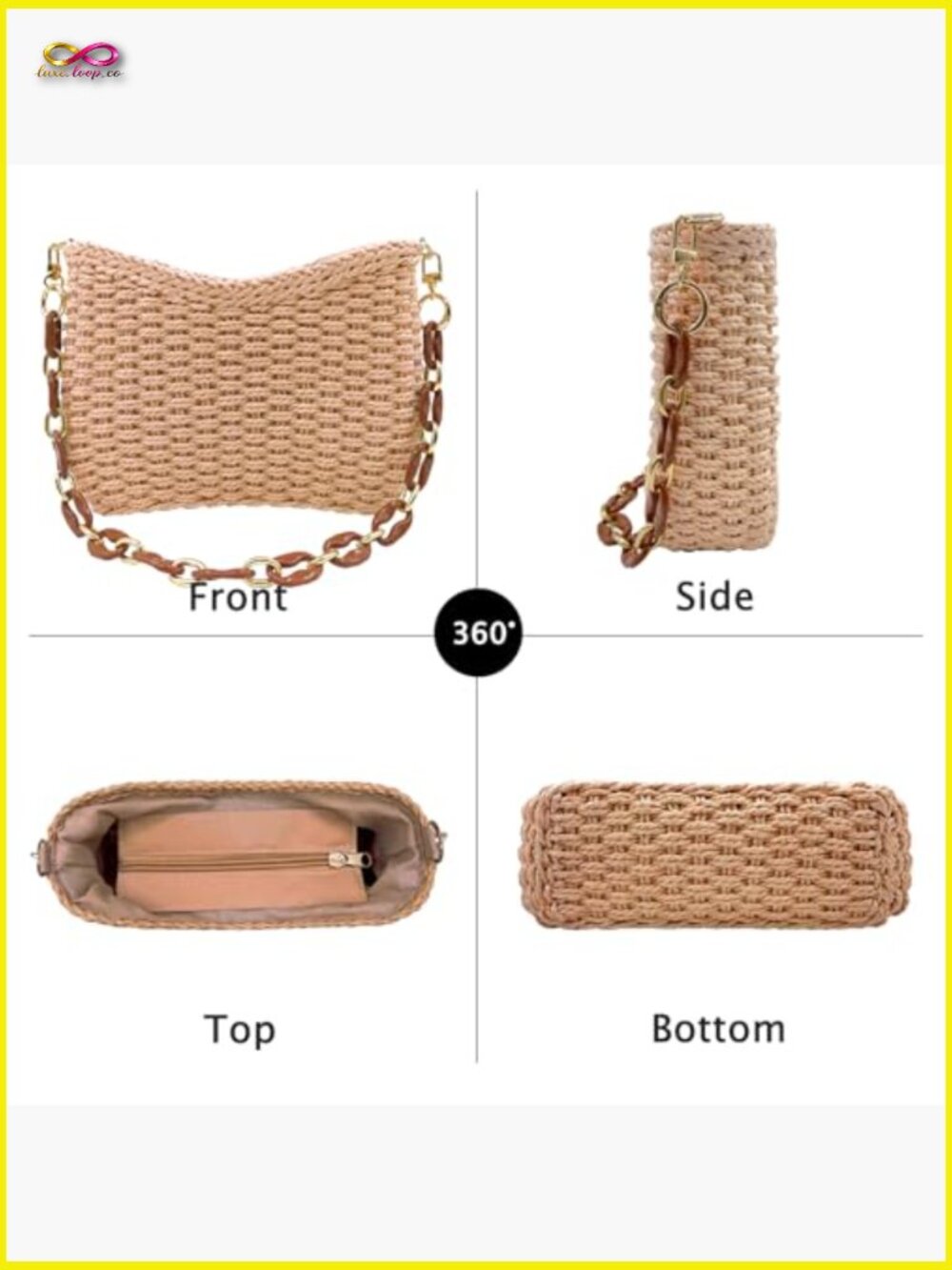 Straw Crossbody Bag Woven Shoulder Purse Beach Tote Summer Vacation Chain Strap - Picture 5 of 7